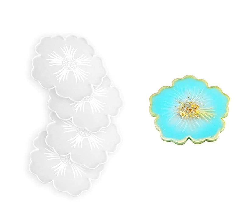 ArtBee 4pcs Coaster Moulds for Resin Casting 1pc Handle Epoxy Molud for Flower Shape Tray DIY Home Decoration 4pcs - Image 1
