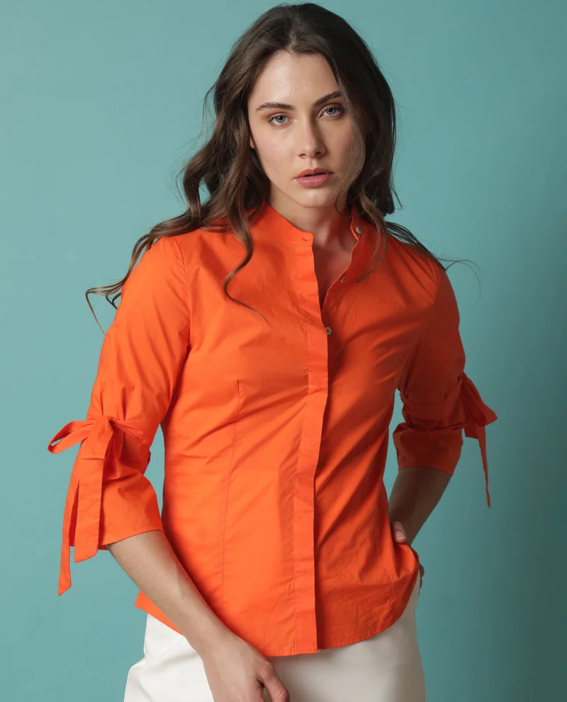 Rareism Women's Statement Orange Band Collar Shirt