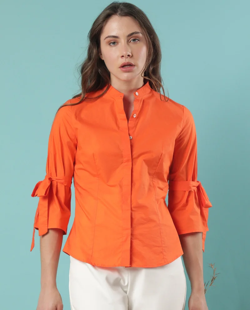 Rareism Women's Statement Orange Band Collar Shirt