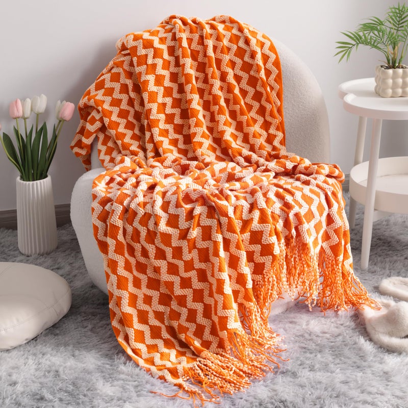NTBAY NTBAY Acrylic Knitted Throw Blanket Lightweight and Soft Cozy Decorative Woven Blanket with Tassels for Travel Couch Bed Sofa 51x67 Inches Orange and White Wave 