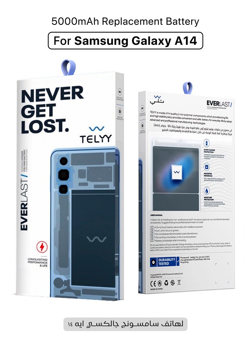 TELYY 5000mAh Battery For Samsung Galaxy A14, Long Lasting Replacement Battery Made With High Quality Lithium Ion Polymer - Image 1
