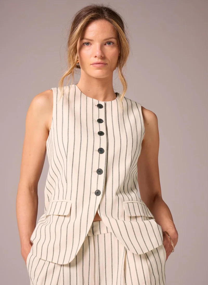 Matalan Et Vous White Striped Linen Blend Waistcoat