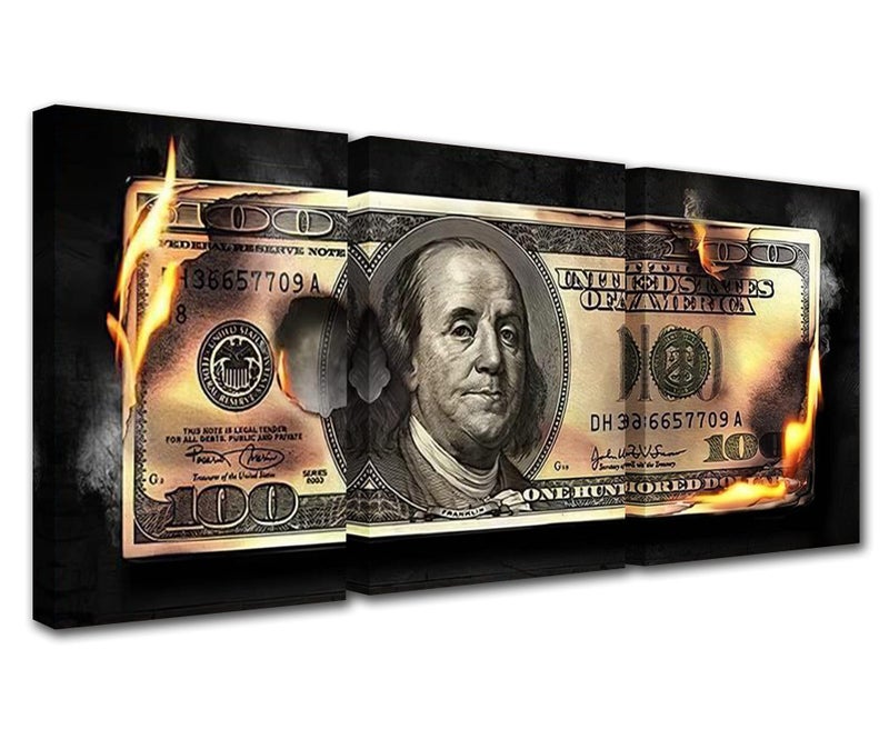 Tucocoo Canvas Wall Art Money Artwork Decor Dollars For Home Decor3 pieces 100 Dollars Cash Money Collection for Mens Office Black and White Decorations for Living Room Framed Ready to Hang 42x20 - Image 3
