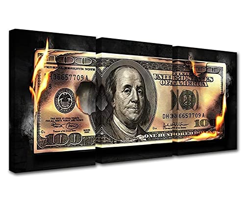 Tucocoo Canvas Wall Art Money Artwork Decor Dollars For Home Decor3 pieces 100 Dollars Cash Money Collection for Mens Office Black and White Decorations for Living Room Framed Ready to Hang 42x20 - Image 1