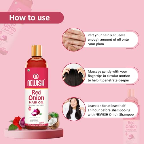 Newish Pure Red Onion Hair Oil for Hair Growth & Scalp Nourishment | 100% Natural, Cold-Pressed & Non-Sticky Hair Oil for Men & Women – 100ml (Pack of 2) - Image 3