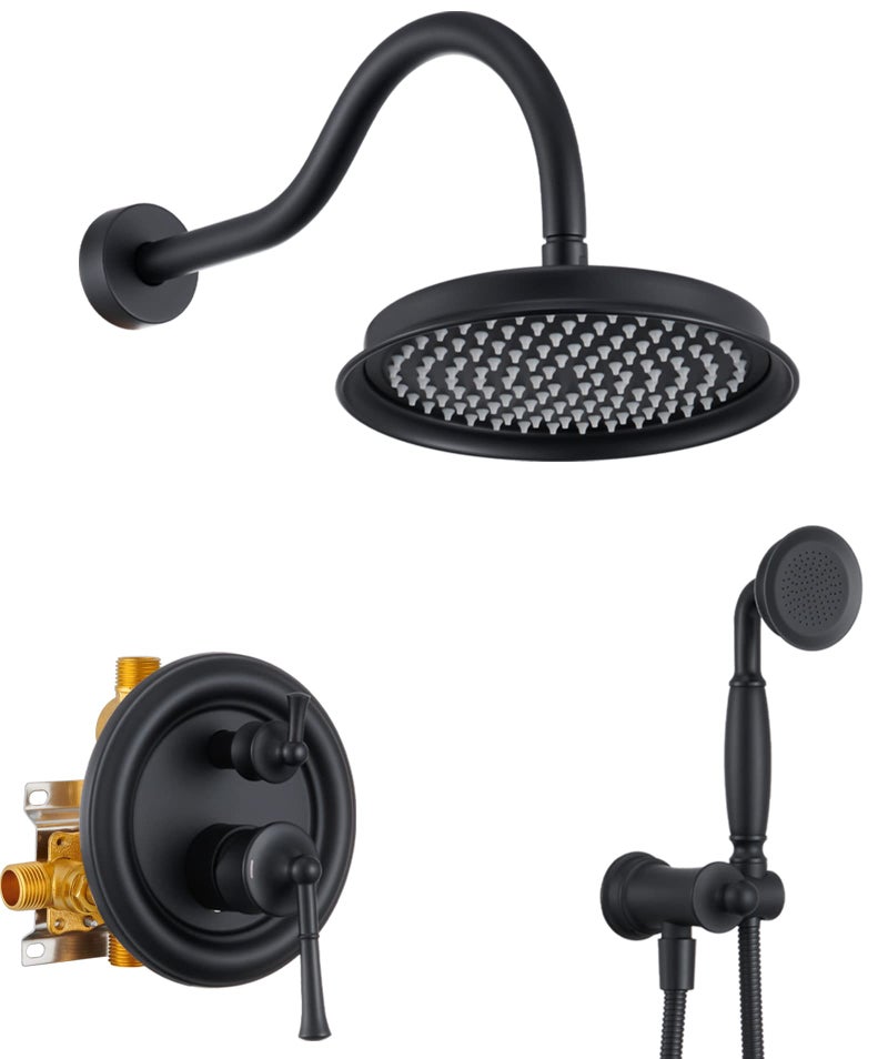 WINKEAR Rain Shower Head with Handheld Spray Rainfall Shower System with Roughin Valve Shower Faucet Set with Pressure Balance Valve 9 Inch Luxury Shower Trim Kit Wall Mount Matte Black - Image 2
