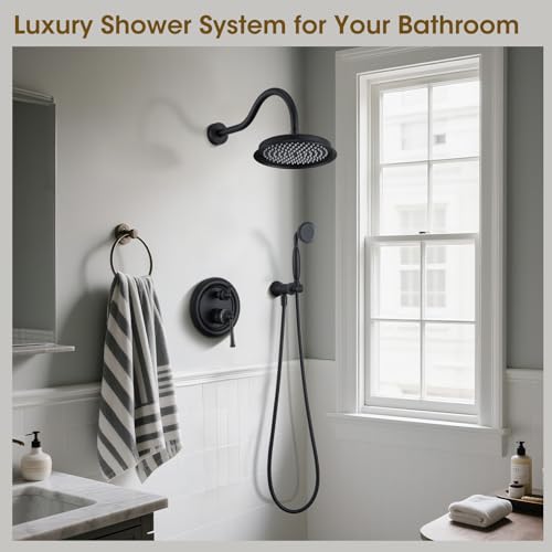 WINKEAR Rain Shower Head with Handheld Spray Rainfall Shower System with Roughin Valve Shower Faucet Set with Pressure Balance Valve 9 Inch Luxury Shower Trim Kit Wall Mount Matte Black - Image 3