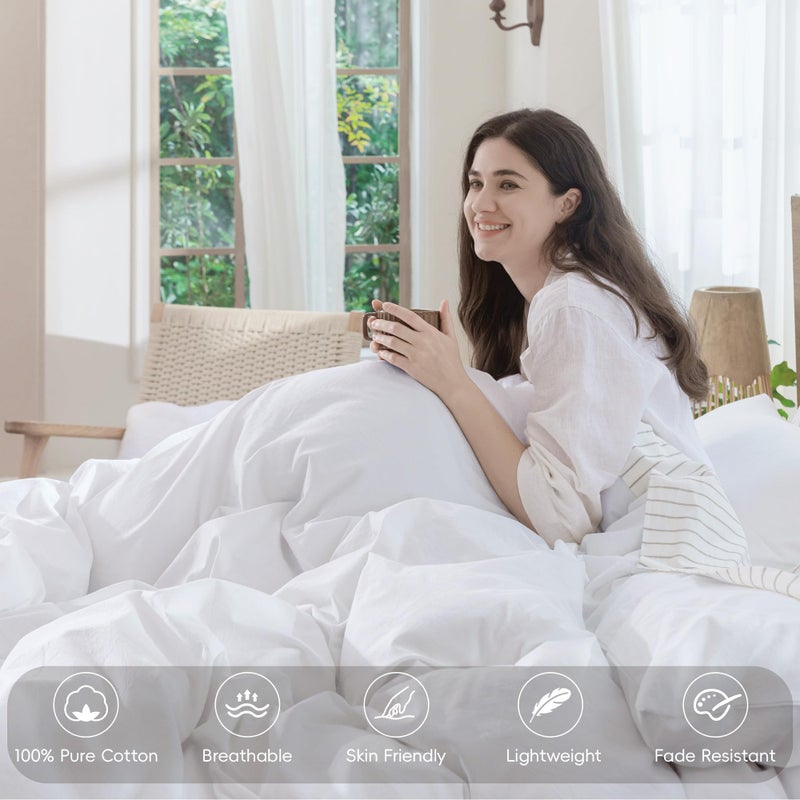 MooMee Bedding Duvet Cover Set 100% Washed Cotton Linen Like Textured Breathable Durable Soft Comfy (Solid Bright White, Full 80"x90") - Image 4