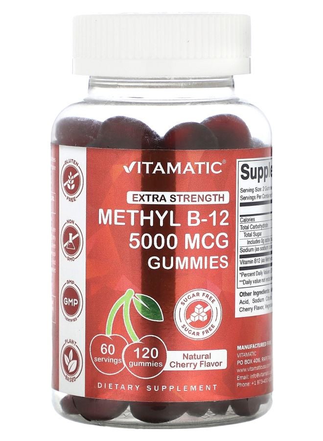 Vitamatic Methyl B-12 Gummies Extra Strength Natural Cherry 5000 mcg 120 Gummies (2500 mcg per Gummy)