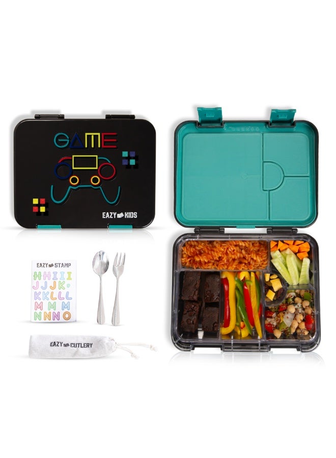 Eazy Kids Eazy Kids 6 & 4 Convertible Bento Lunch Box w/ Water Bottle, Steel Spoon & Fork Set and Alphabets Sticker - Gamer - Image 2