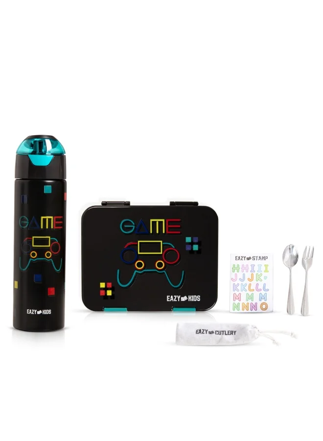 Eazy Kids Eazy Kids 6 & 4 Convertible Bento Lunch Box w/ Water Bottle, Steel Spoon & Fork Set and Alphabets Sticker - Gamer