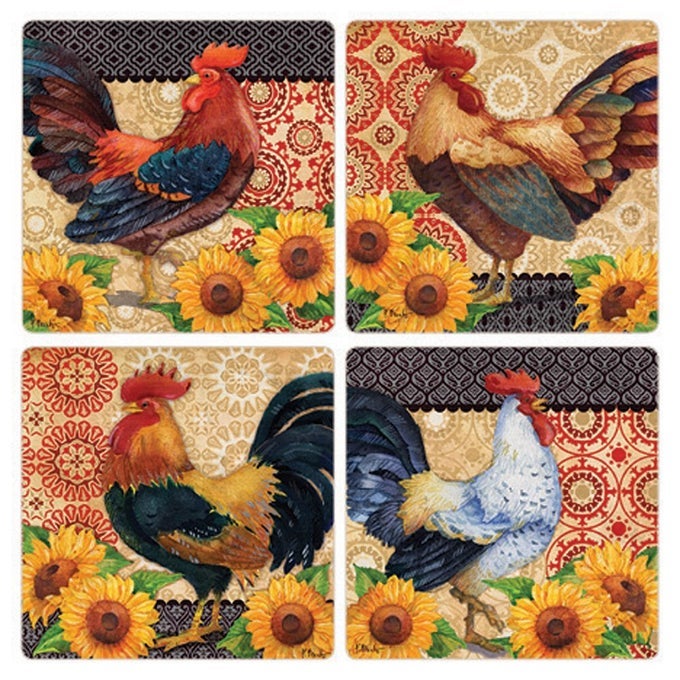 Roosters and Sunflowers Absorbent Coasters Set of 4 414 Multicolor