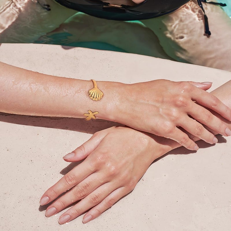 FAUTHENTICUTE Summer Gold Cuff Bracelets For Women Gold Plated Cuff With Shell And Starfish Charm On Both Ends - Image 2