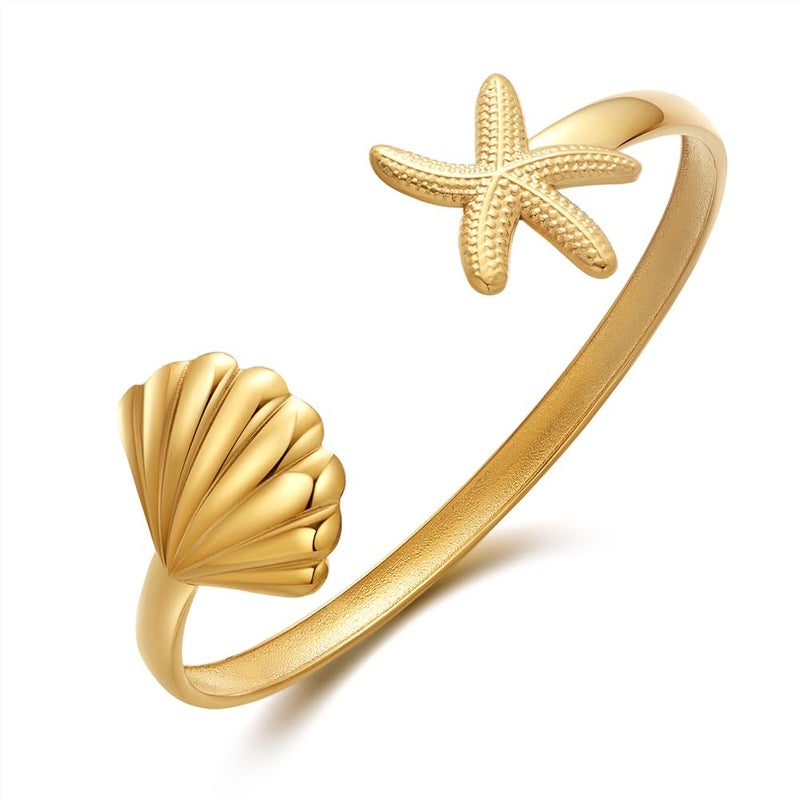 FAUTHENTICUTE Summer Gold Cuff Bracelets For Women Gold Plated Cuff With Shell And Starfish Charm On Both Ends - Image 1