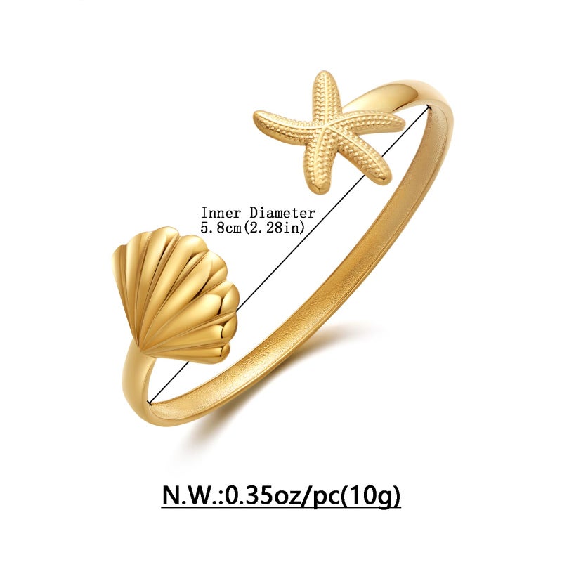 FAUTHENTICUTE Summer Gold Cuff Bracelets For Women Gold Plated Cuff With Shell And Starfish Charm On Both Ends - Image 4