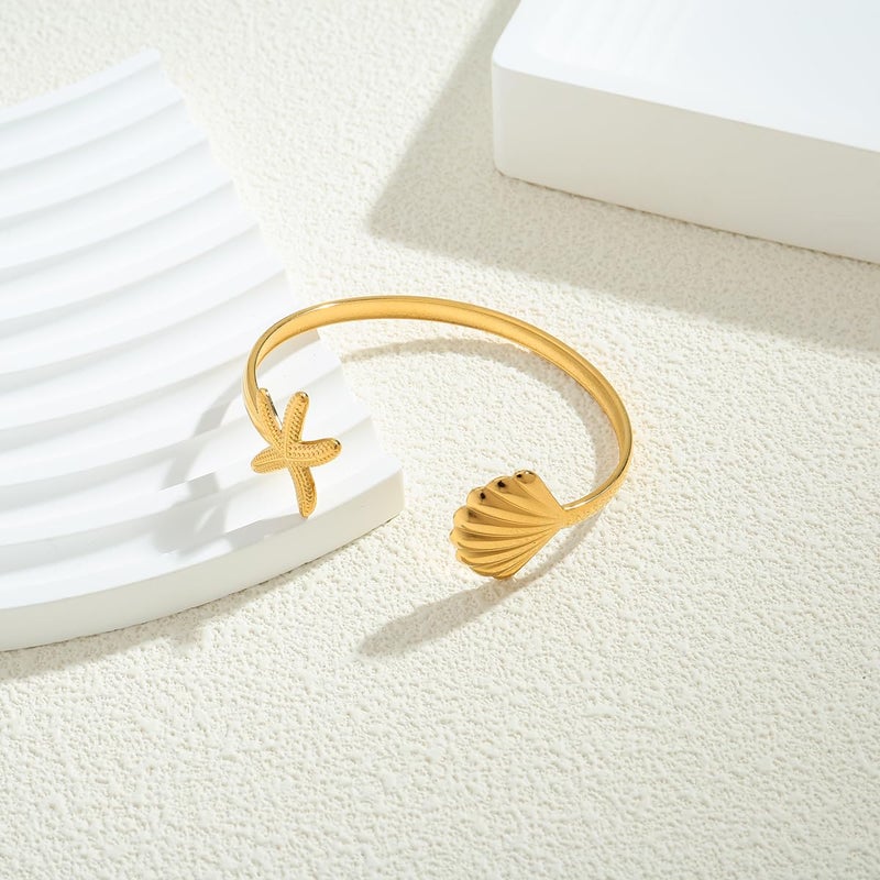 FAUTHENTICUTE Summer Gold Cuff Bracelets For Women Gold Plated Cuff With Shell And Starfish Charm On Both Ends - Image 5