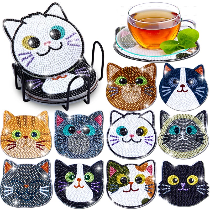 Insnug 10PCs Diamond Painting Coasters Set  Cat Theme Diamond Art Coasters Painting Kits for Kids Adult Dots Arts and Crafts DIY Kits for Adults and Kids Gift for Valentines Day