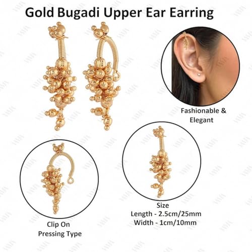 VAMA FASHIONS 18K Gold Plated Anti Tarnish Pearl Maharashtrian Traditional kan ki bugadi Upper Ear Non Piercing Clip on Pressing Earrings For Women & Girls (Gold Bugdi For Upper Ear) - Image 3