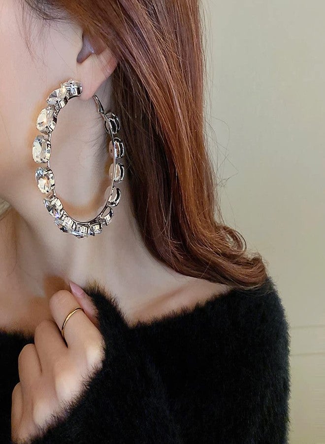 Jumwrit Rhinestone Large Hoop Earrings Colourful Geometric Circle Earrings Chunky Huggie Hoop Earrings Statement Dangle Earrings for Women（Silver） - Image 2