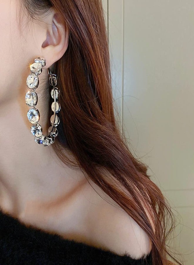 Jumwrit Rhinestone Large Hoop Earrings Colourful Geometric Circle Earrings Chunky Huggie Hoop Earrings Statement Dangle Earrings for Women（Silver） - Image 3