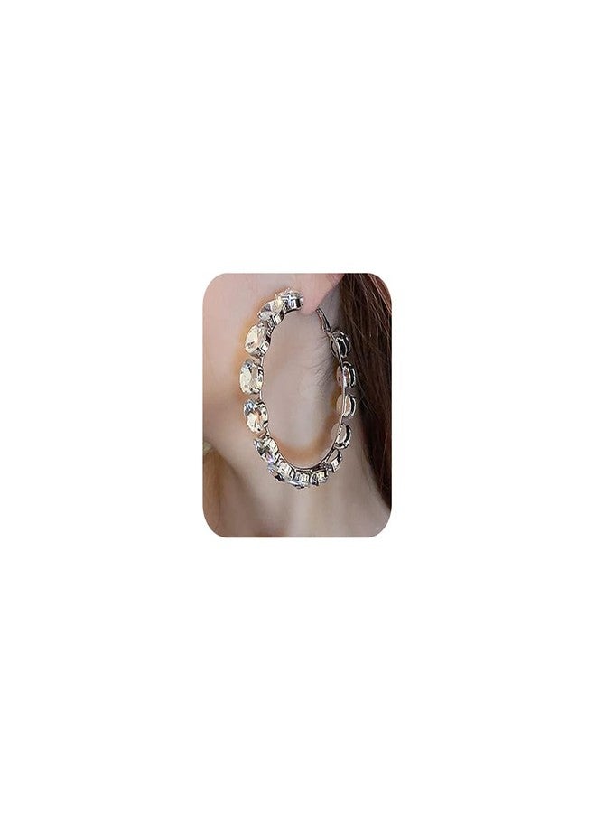 Jumwrit Rhinestone Large Hoop Earrings Colourful Geometric Circle Earrings Chunky Huggie Hoop Earrings Statement Dangle Earrings for Women（Silver） - Image 1