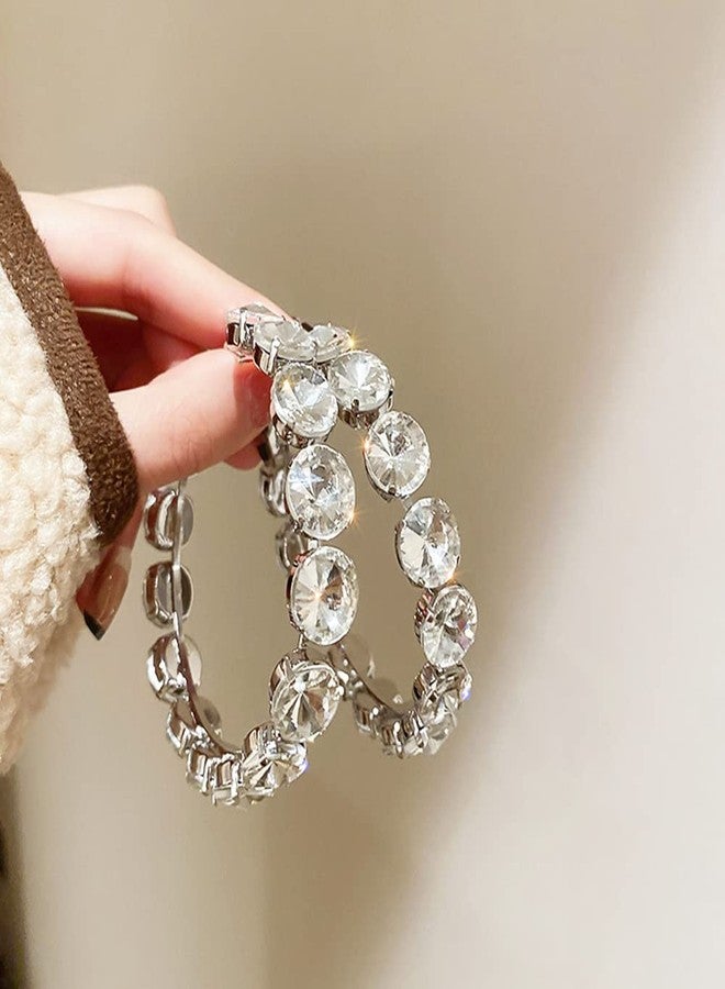 Jumwrit Rhinestone Large Hoop Earrings Colourful Geometric Circle Earrings Chunky Huggie Hoop Earrings Statement Dangle Earrings for Women（Silver） - Image 4