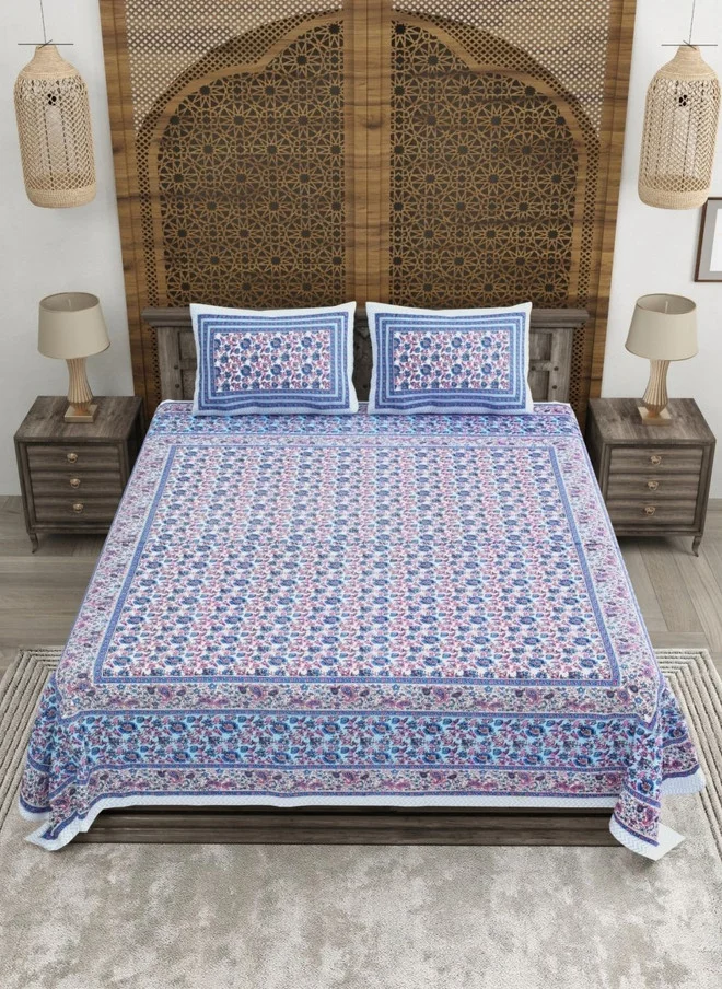 CLOTHOLOGY CLOTHOLOGY Blue & Pink Printed Pure Cotton 180 TC King Bedsheet Set