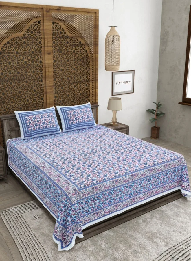 CLOTHOLOGY CLOTHOLOGY Blue & Pink Printed Pure Cotton 180 TC King Bedsheet Set