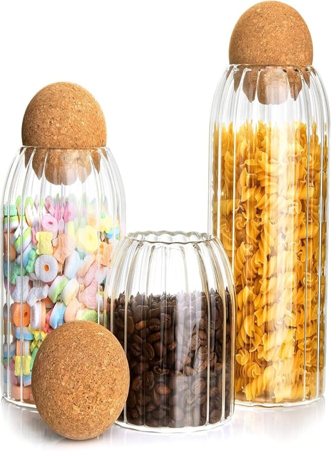 SuproBarware Glass Jar with Round Ball Cork, 3 Pack Clear Stripe Glass Storage for Kitchen Pantry Serving Tea Coffee Sugar Flour Spices (500ml/700ml/1000ml)