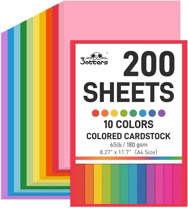 3 Otters Construction Paper Pack - 200 Sheets Heavy Duty Colored Cardstock, A4, 10 Assorted Colors - Image 1