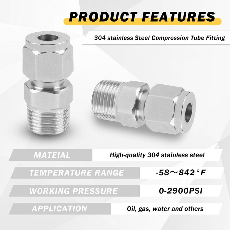 Yoebor Metalwork 304 Stainless Steel Compression Tube Fitting Adapter 1/8" NPT Male x 6mm Tube OD, W/Double Ferrules (2 Pcs) - Image 5
