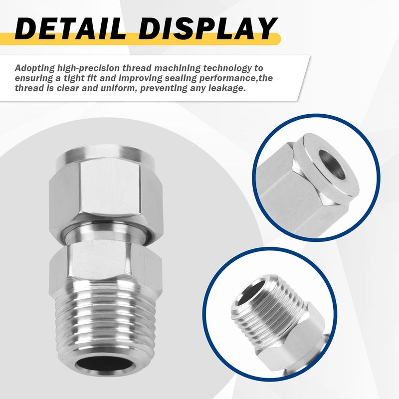 Yoebor Metalwork 304 Stainless Steel Compression Tube Fitting Adapter 1/8" NPT Male x 6mm Tube OD, W/Double Ferrules (2 Pcs) - Image 2
