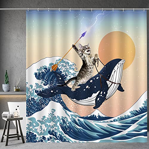Aimego Funny Shower Curtain Brave Cat Holding Trident Arrow Riding Shark in Ocean Wave, Whale Cat Shower Curtain Set with 12 Hooks for Bathroom Decor Accessories Bathtub Curtain, 72"x72" - Image 1