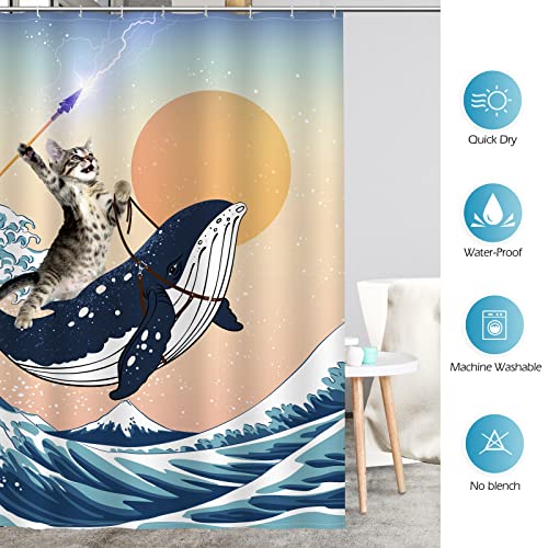 Aimego Funny Shower Curtain Brave Cat Holding Trident Arrow Riding Shark in Ocean Wave, Whale Cat Shower Curtain Set with 12 Hooks for Bathroom Decor Accessories Bathtub Curtain, 72"x72" - Image 5