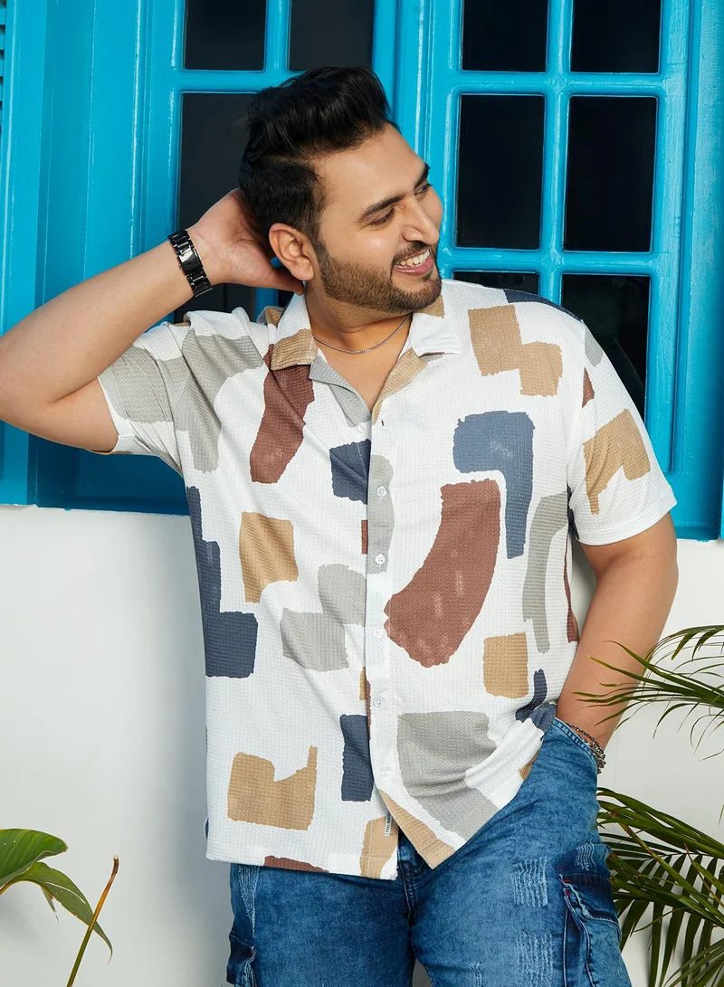 Instafab Plus Instafab Plus Men's Multicolour Bristle-Chaos Oversized Shirt For Casual Wear | Cuban Collar | Short Regular Sleeves | Button Closure | Plus Size Shirt Crafted With Comfort Fit For Everyday Wear