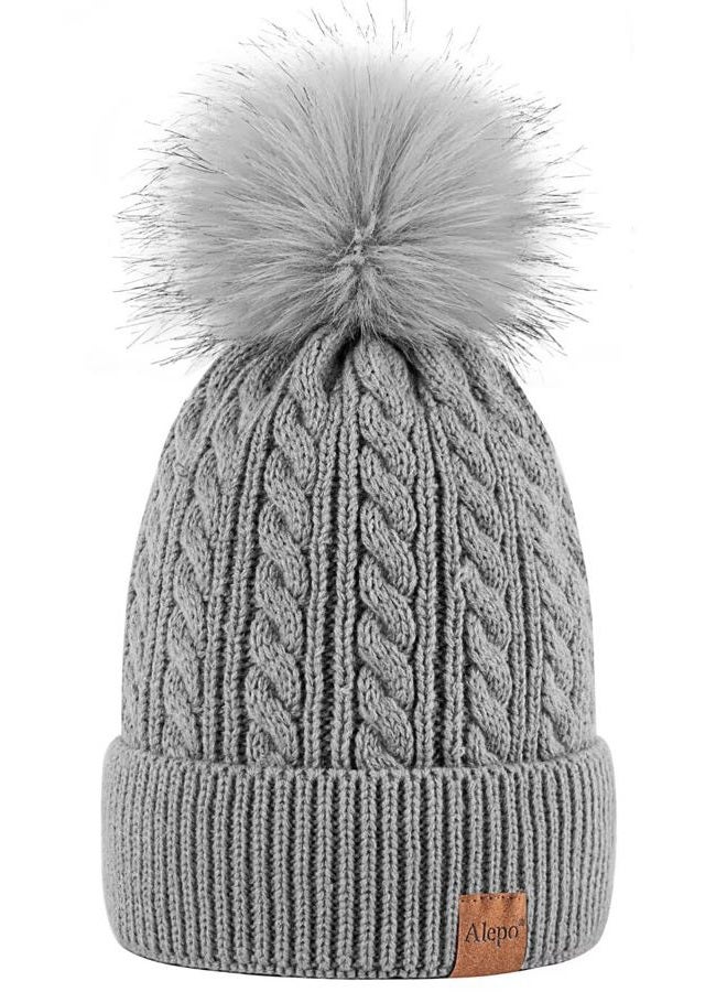Alepo Womens Winter Beanie Hat, Warm Fleece Lined Knitted Soft Ski Cuff Cap with Pom Pom(Soft Gray) - Image 1