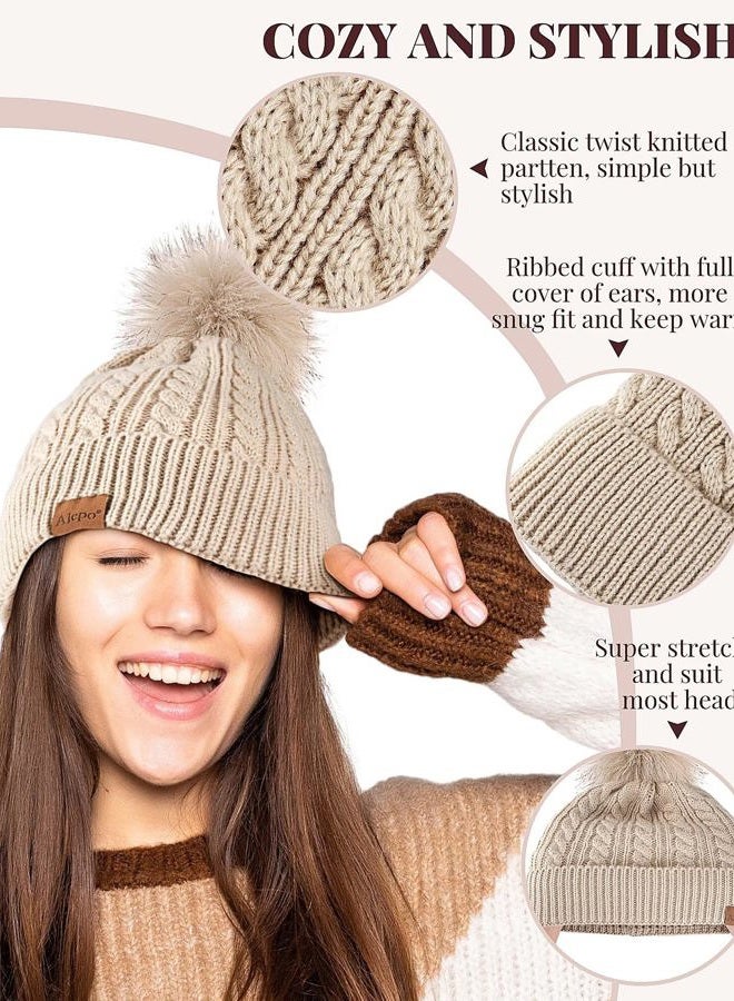 Alepo Womens Winter Beanie Hat, Warm Fleece Lined Knitted Soft Ski Cuff Cap with Pom Pom(Soft Gray) - Image 4