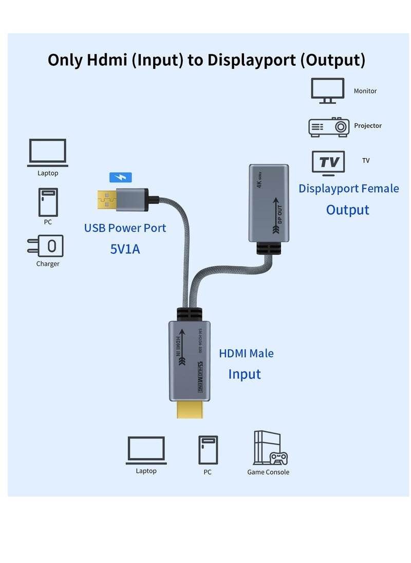 Generic محول HDMI إلى DisplayPort 4k@60Hz، كابل محول ذكر إلى أنثى HDMI إلى DP 1.2 مع طاقة USB للشاشة والكمبيوتر وPS4 وسرعة عالية ومتوافق مع HDCP2.2، 0.65 قدم، 0.2 متر، غير ثنائي الاتجاه  - Image 2