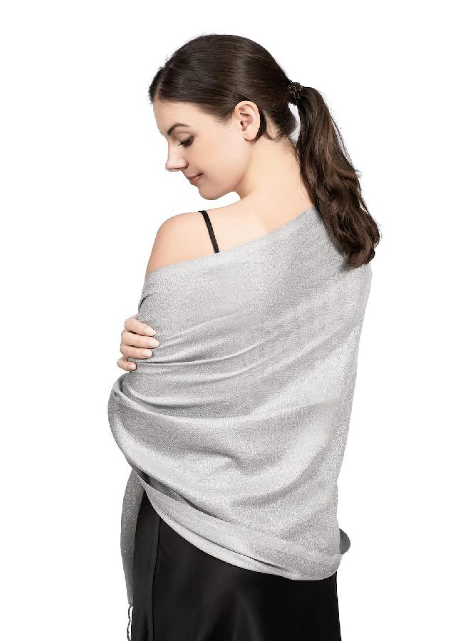 Achillea Sparkling Metallic Evening Shawl Wrap Scarf for Wedding Prom Party Dress 80" x 27" (Silver) - Image 1