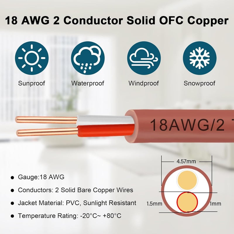 Kimbluth 18/2 Thermostat Wire 20FT,18 Gauge 2 Conductor Power Circuit Cable 18-2 Solid Copper Wire for Doorbell HVAC Heating Control,Indoor/Outdoor Low Voltage Applications Use (18-2 Brown, 20Feet) - Image 4