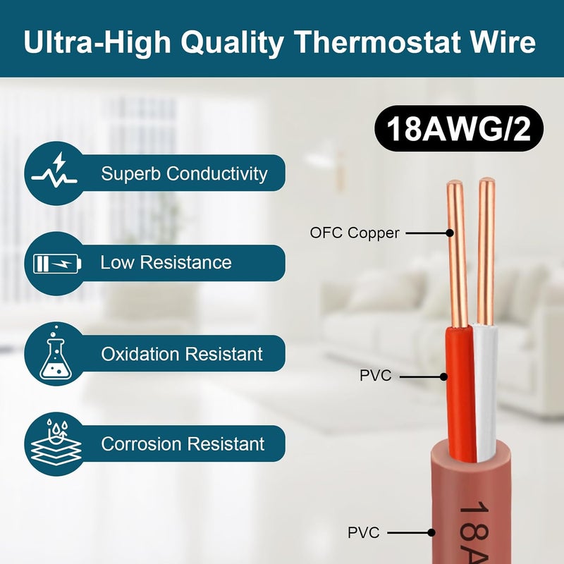 Kimbluth 18/2 Thermostat Wire 20FT,18 Gauge 2 Conductor Power Circuit Cable 18-2 Solid Copper Wire for Doorbell HVAC Heating Control,Indoor/Outdoor Low Voltage Applications Use (18-2 Brown, 20Feet) - Image 2