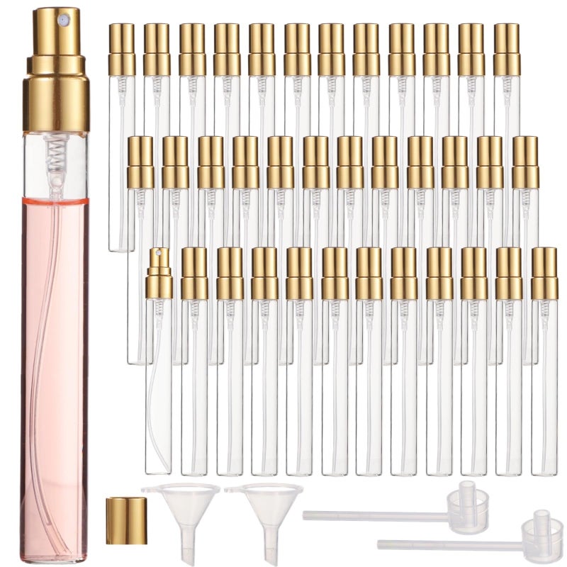 Lnrueg 50 Pcs 10 Ml Perfume Bottles - Refillable Glass Mini Spray Bottles  Portable Travel Sample Containers  Fine Mist Atomizers With Caps  Includes 2 Funnels And 2 Dispensers  Ideal For Liquids  Gold - Image 2