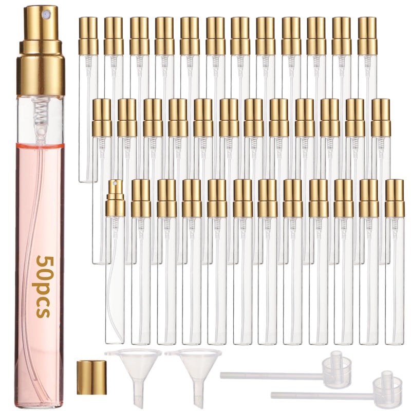 Lnrueg 50 Pcs 10 Ml Perfume Bottles - Refillable Glass Mini Spray Bottles  Portable Travel Sample Containers  Fine Mist Atomizers With Caps  Includes 2 Funnels And 2 Dispensers  Ideal For Liquids  Gold - Image 1