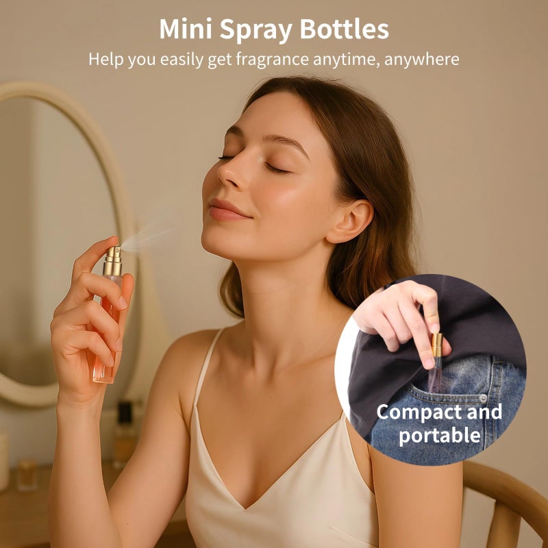 Lnrueg 50 Pcs 10 Ml Perfume Bottles - Refillable Glass Mini Spray Bottles  Portable Travel Sample Containers  Fine Mist Atomizers With Caps  Includes 2 Funnels And 2 Dispensers  Ideal For Liquids  Gold - Image 3