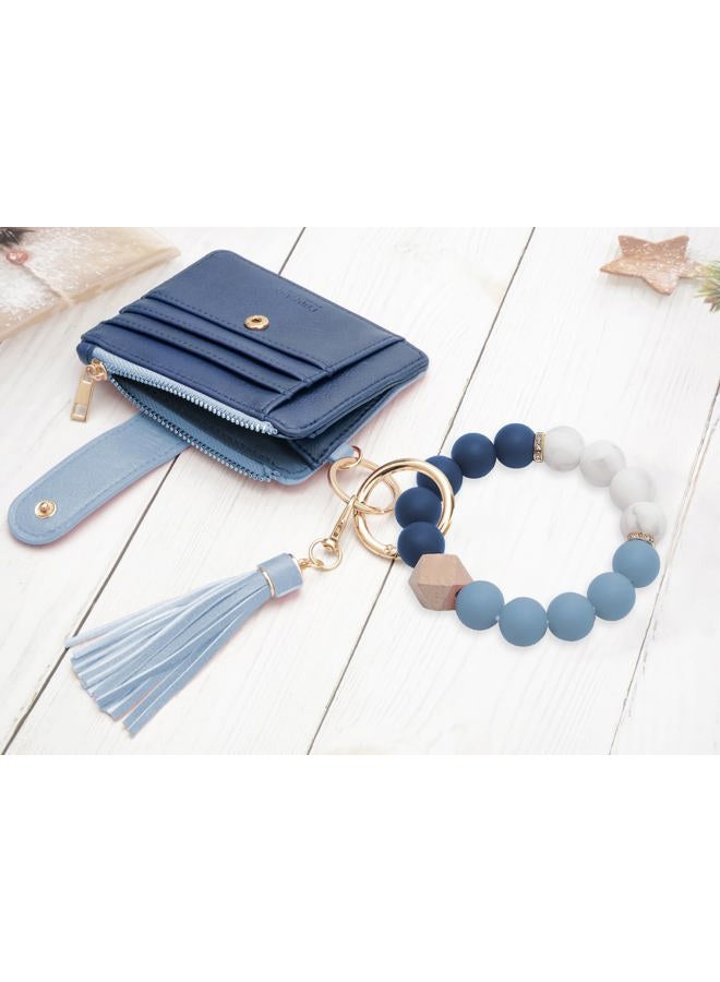 COOLANS Wristlet Bracelet Keychain Pocket Credit Card Holder Purse Tassel Keychain Bangle Key Ring for Women, Card & Id Holder Heart Button Snap Purse (Double Blue), S - Image 4