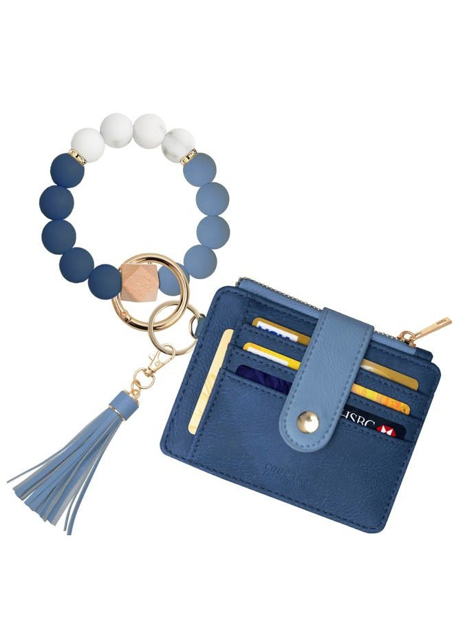 COOLANS Wristlet Bracelet Keychain Pocket Credit Card Holder Purse Tassel Keychain Bangle Key Ring for Women, Card & Id Holder Heart Button Snap Purse (Double Blue), S - Image 1