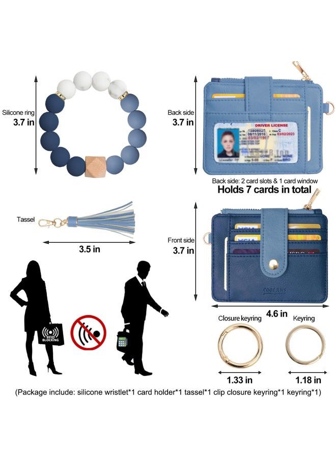 COOLANS Wristlet Bracelet Keychain Pocket Credit Card Holder Purse Tassel Keychain Bangle Key Ring for Women, Card & Id Holder Heart Button Snap Purse (Double Blue), S - Image 2