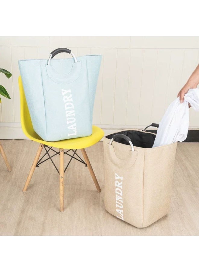 Linen laundry basket with two handles, padded metal ring, folds easily for storage - Image 4