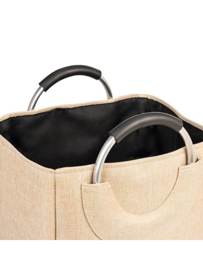 Linen laundry basket with two handles, padded metal ring, folds easily for storage - Image 1