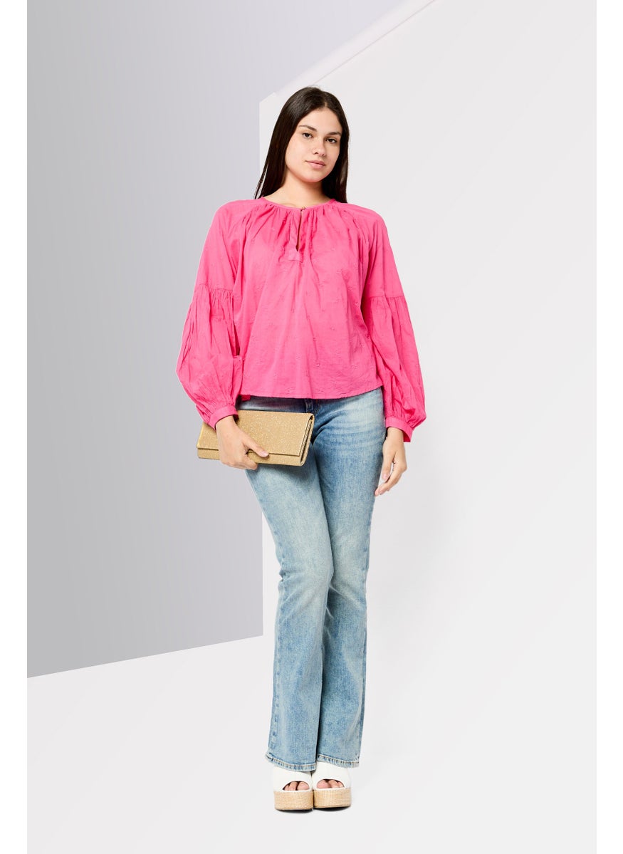 Scotch & Soda Women Crew Neck Cuffed Sleeves Embroidered Blouse, Pink  - Image 2